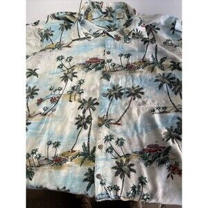 Batik Bay Hawaiian Style Shirt Sz 2XB White Tropical Island Scene/Cars 100 Rayon